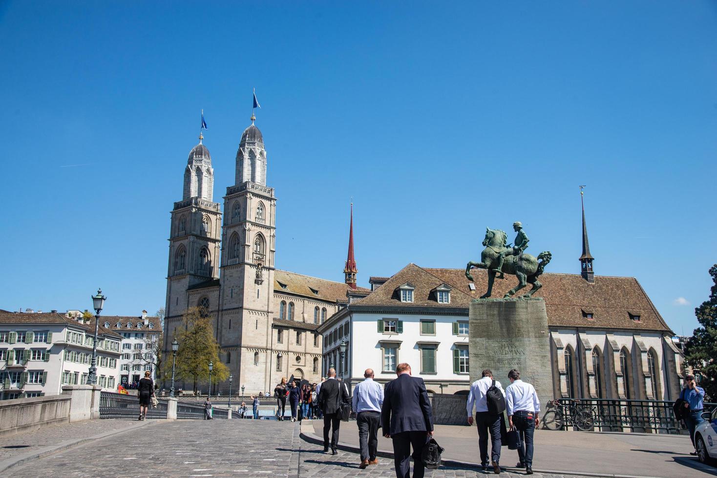 Zurich, Switzerland-April 17, 2018, View of Linderholf the old town of Zurich on Limmat river and Frauenmunster Cathedral, Switzerland photo