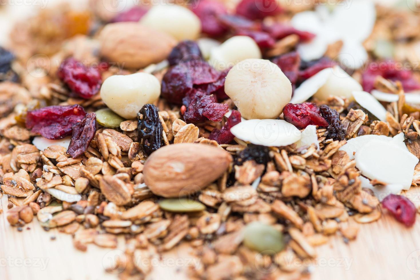 Closed up and blur breakfast healthy food, granola, musli, Organic oat, super food with honey, dried fruits and nuts photo