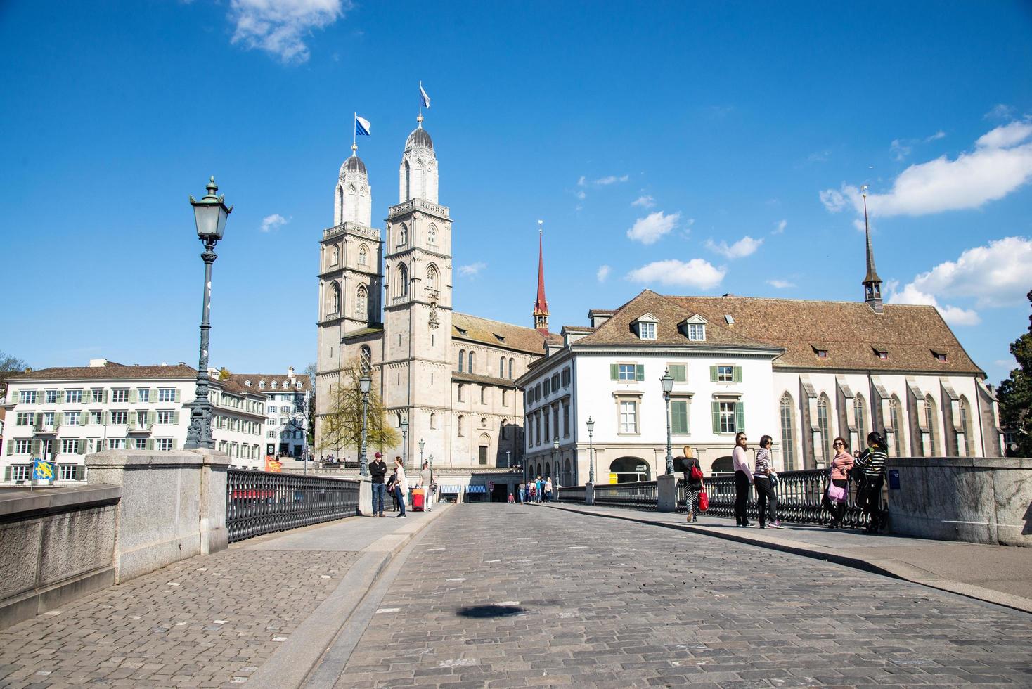 Zurich, Switzerland April 17, 2018, View of Linderholf the old town of Zurich on Limmat river and Frauenmunster Cathedral, Switzerland photo