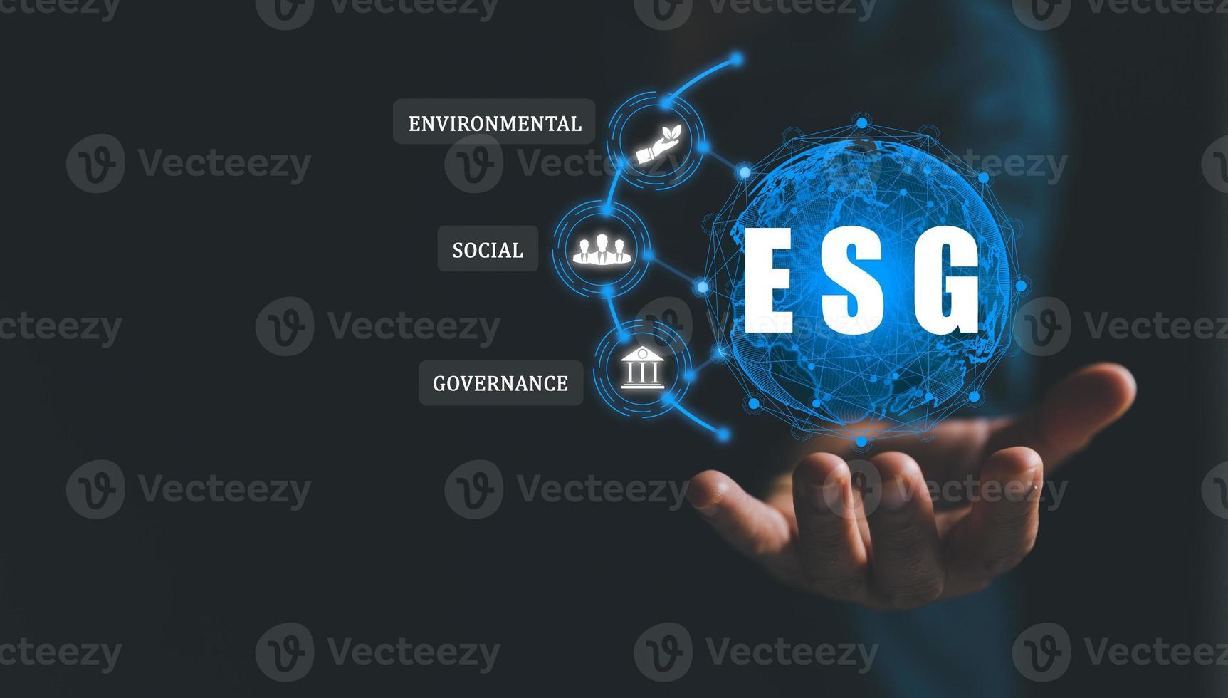 ESG environmental social governance business strategy investing concept. Ethical sustainable business on Network connection on dark background. Ideas for production and conservation of environment. photo