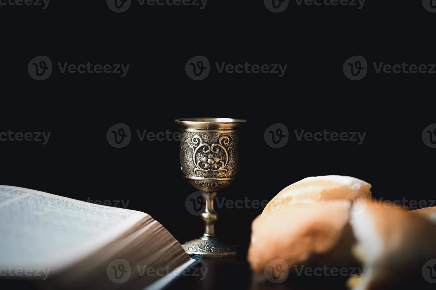 Concept of Eucharist or holy communion of Christianity. Eucharist is sacrament instituted by Jesus. during last supper with disciples. Bread and wine is body and blood of Jesus Christ of Christians. photo