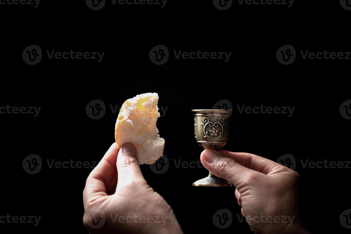 Concept of Eucharist or holy communion of Christianity. Eucharist is sacrament instituted by Jesus. during last supper with disciples. Bread and wine is body and blood of Jesus Christ of Christians. photo