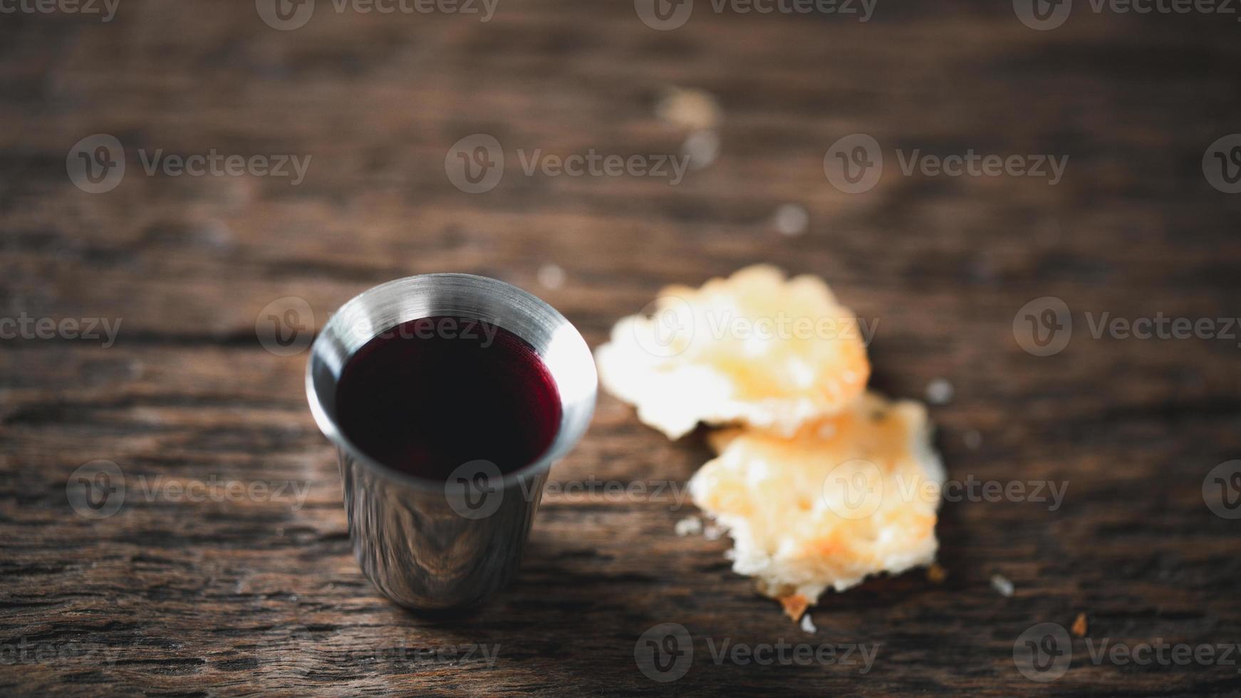 Concept of Eucharist or holy communion of Christianity. Eucharist is sacrament instituted by Jesus. during last supper with disciples. Bread and wine is body and blood of Jesus Christ of Christians. photo