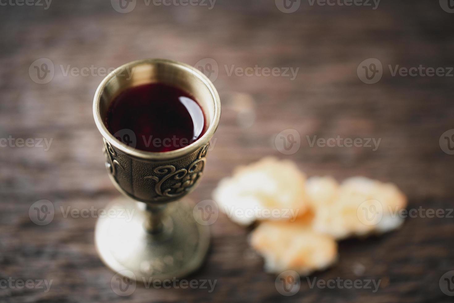 Concept of Eucharist or holy communion of Christianity. Eucharist is sacrament instituted by Jesus. during last supper with disciples. Bread and wine is body and blood of Jesus Christ of Christians. photo