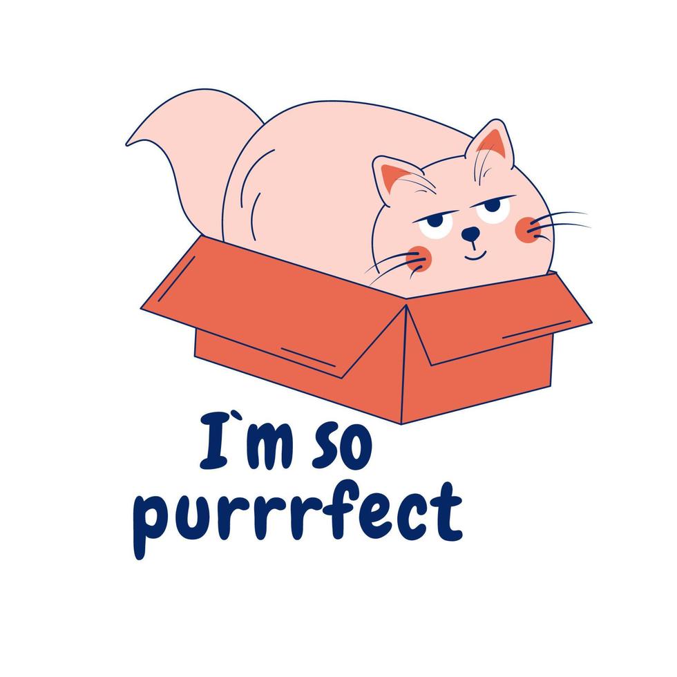 Cute cartoon doodle cat in a box. Card with an inscription vector