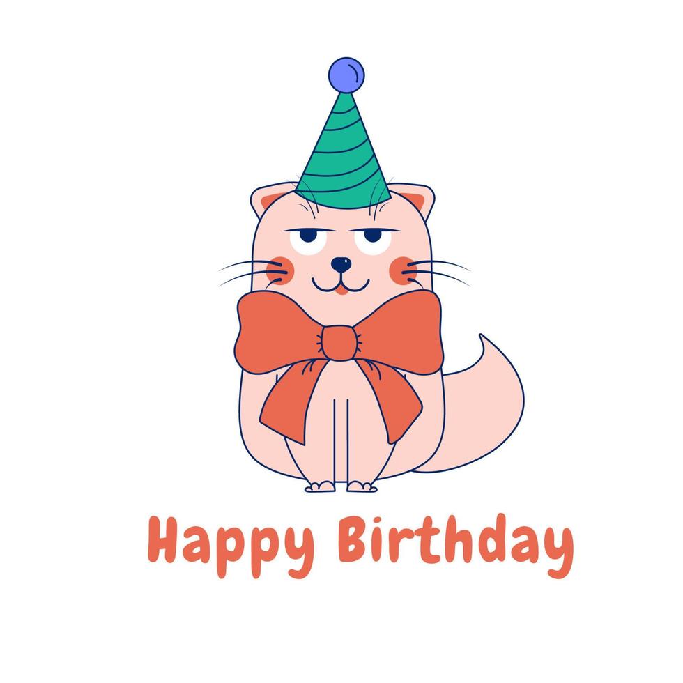 lindo gato de garabato de dibujos animados con gorra y arco. feliz cumpleaños. vector