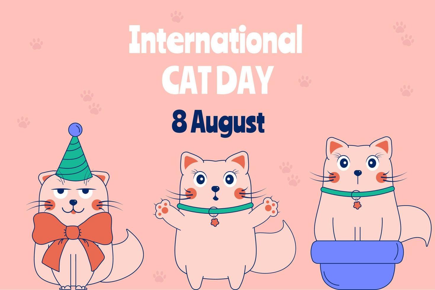 Hand-drawn background for International Cat Day with doodle cats vector