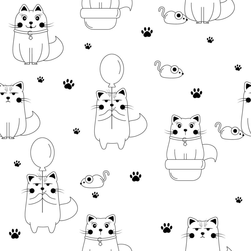 Seamless black and white outline pattern with cute doodle cats characters. vector