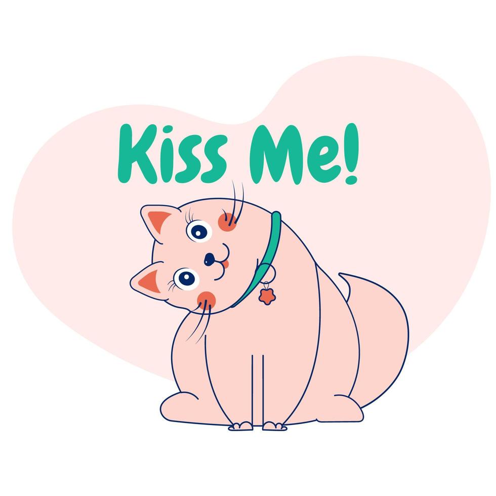 Cute cartoon doodle cat playful. Card with the inscription kiss me vector