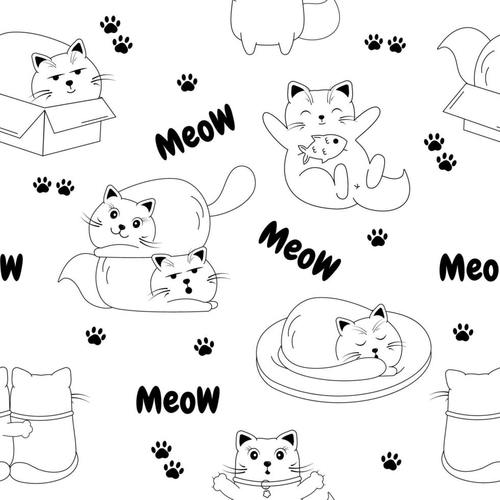 Seamless black and white sketch pattern with cute doodle cats characters. meow vector