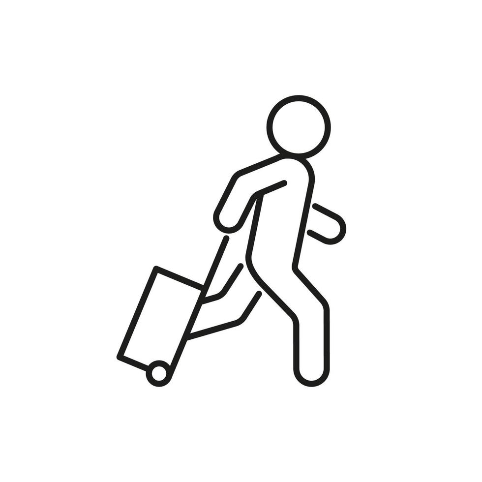 Tourist run to travel with suitcase, refugee, line icon. Vacation, journey with bag. Vector outline sign