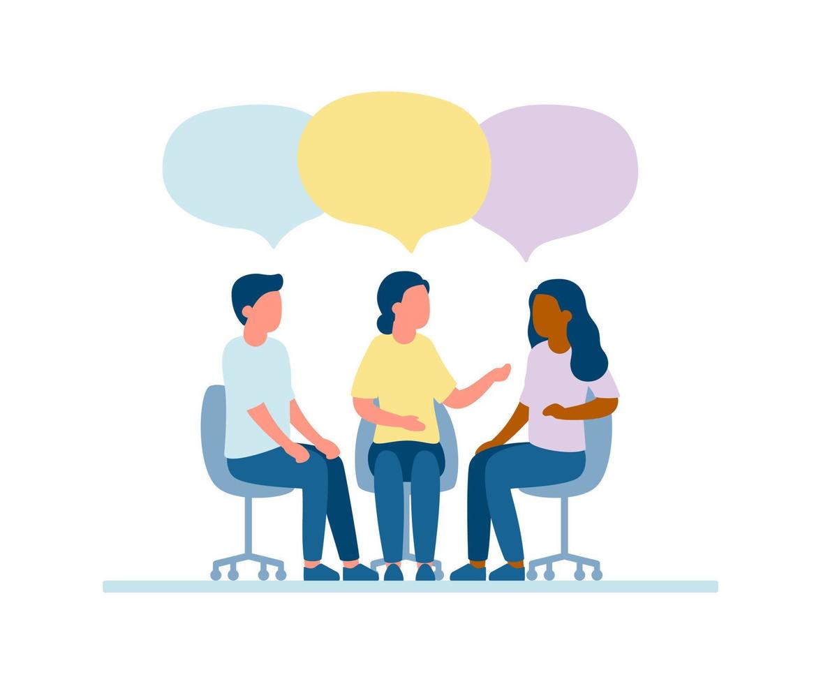 Meet of team of people for talk, dialog, communication, discussion, business relationship. Discuss problems together, exchange opinions of team worker. Support group. Vector illustration