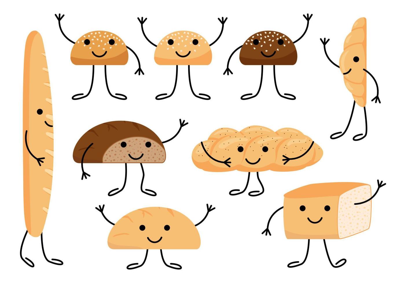 Bread character with face, cute eating group. Tasty kawaii bakery pastries, cartoon breads set. Happy bun for burger, loaf, bread brick, croissant, toast bread, french baguette, challah. Vector