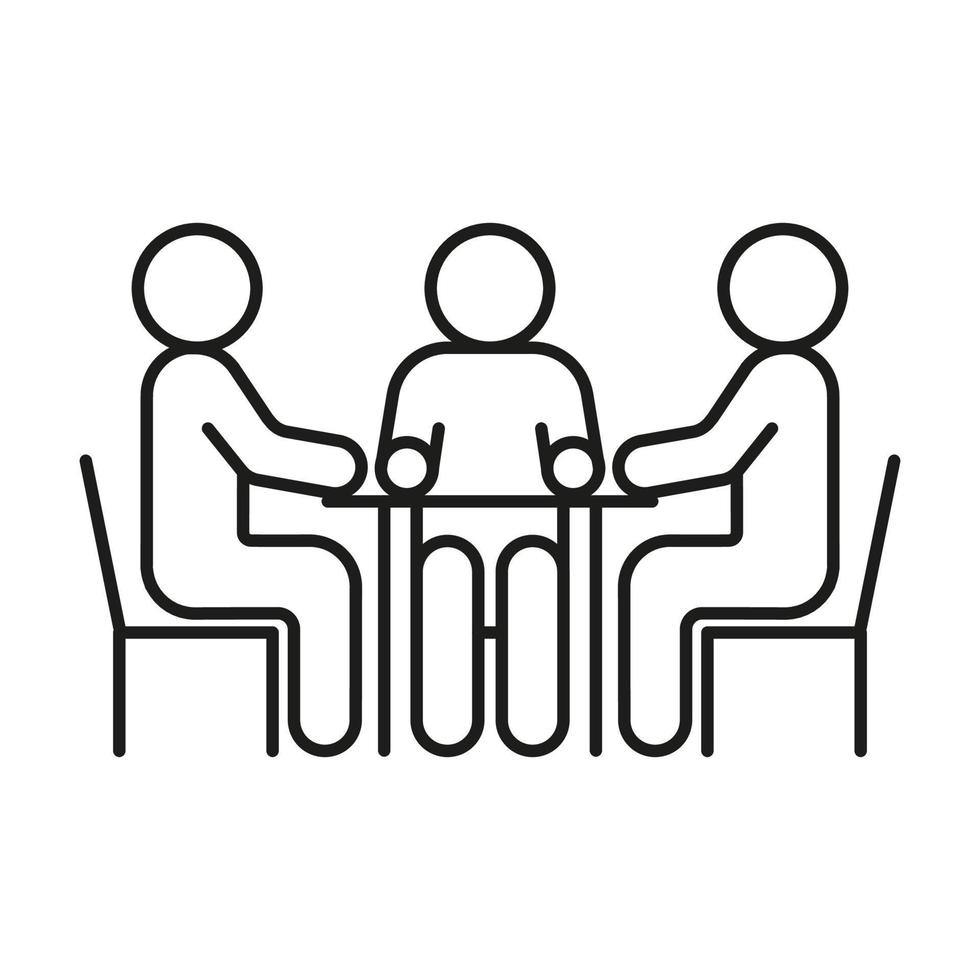 Group people seat at table, conversation, discussion, meeting icon line. Man communication on work in team, equality partnership. Vector illustration
