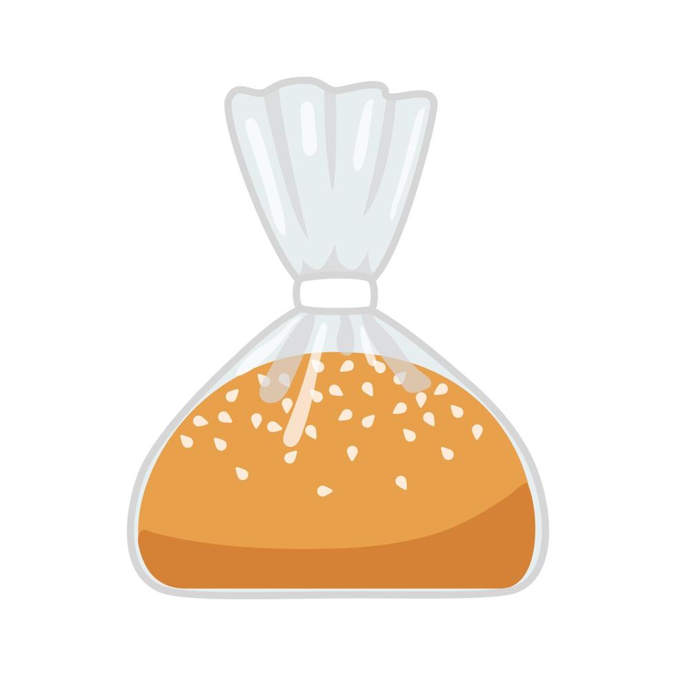 Bun bread for burger in plastic transparent packaging. Pastry bread from wheat in pack bag with clip, bakery food. Small loaf. Vector illustration