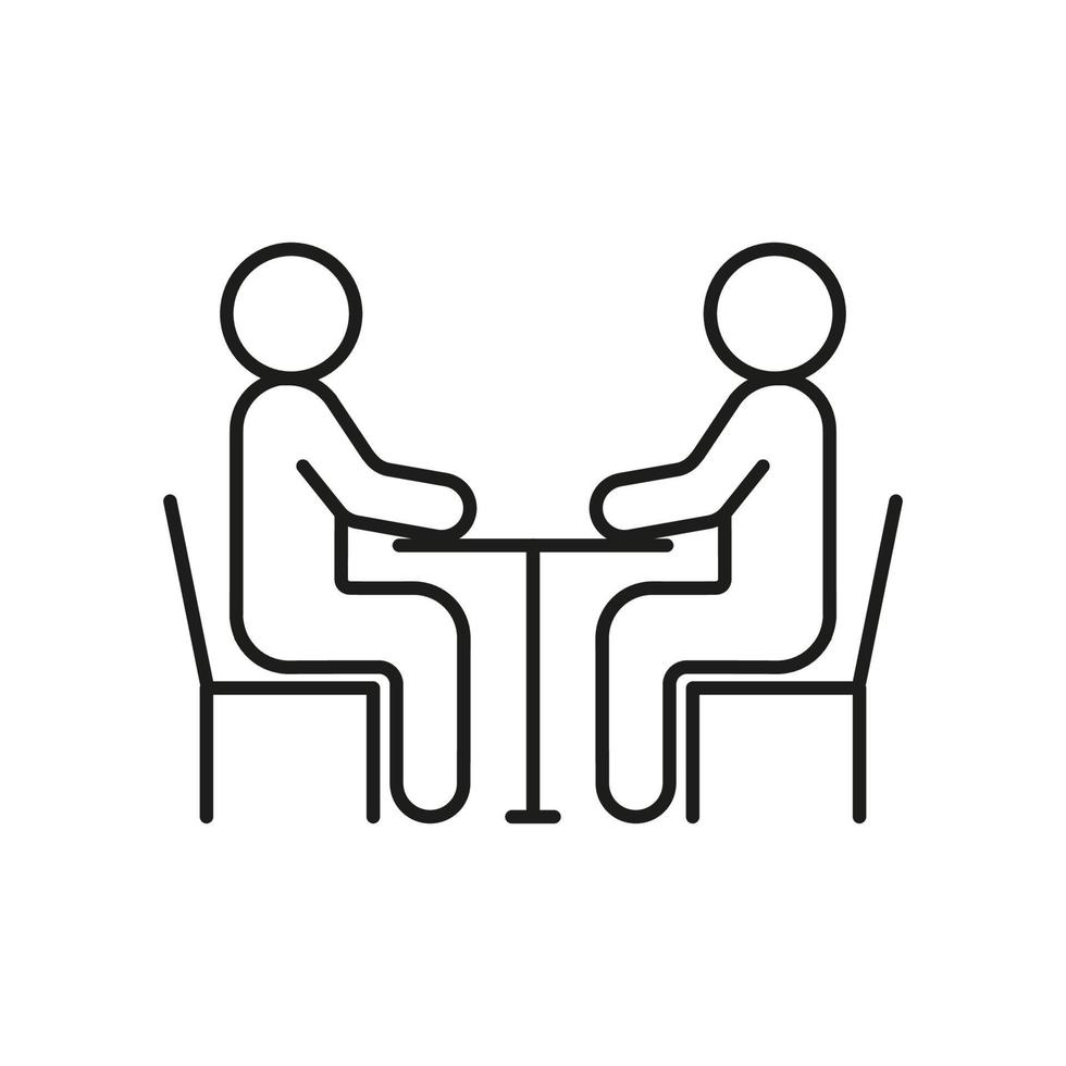 People seat at table, conversation, talk, meeting icon line. Man communication on work, equality partnership. Vector illustration