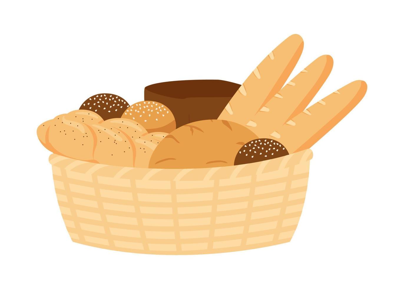 cesta de mimbre con pan de hojaldre de trigo, grano entero y centeno, comida de panadería, bollo. pan, ladrillo de pan, pan tostado, baguette francés, jalá. ilustración vectorial vector