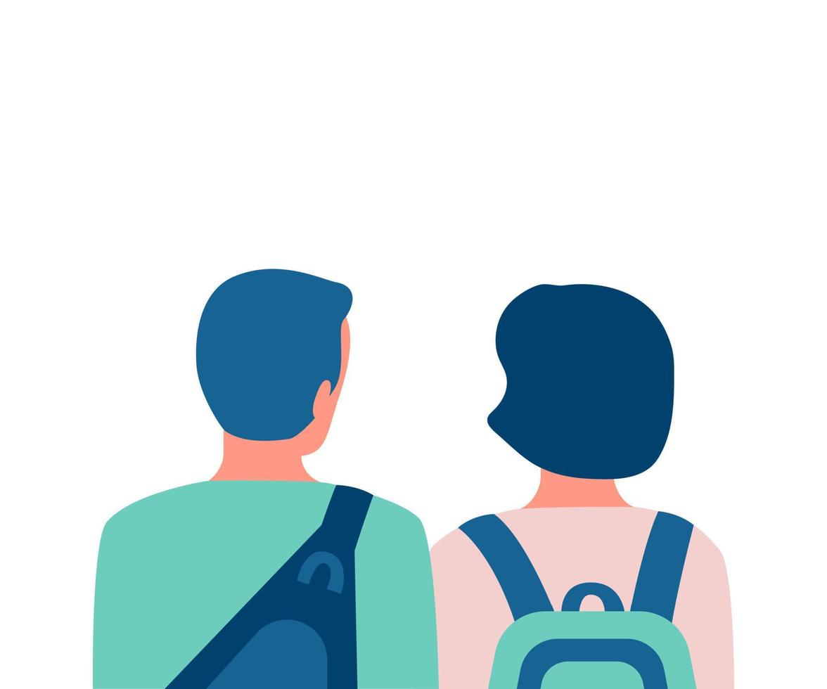 People students with backpack, couple back view. Young friends with school bag, learner, adolescent. Choice future way. Vector illustration