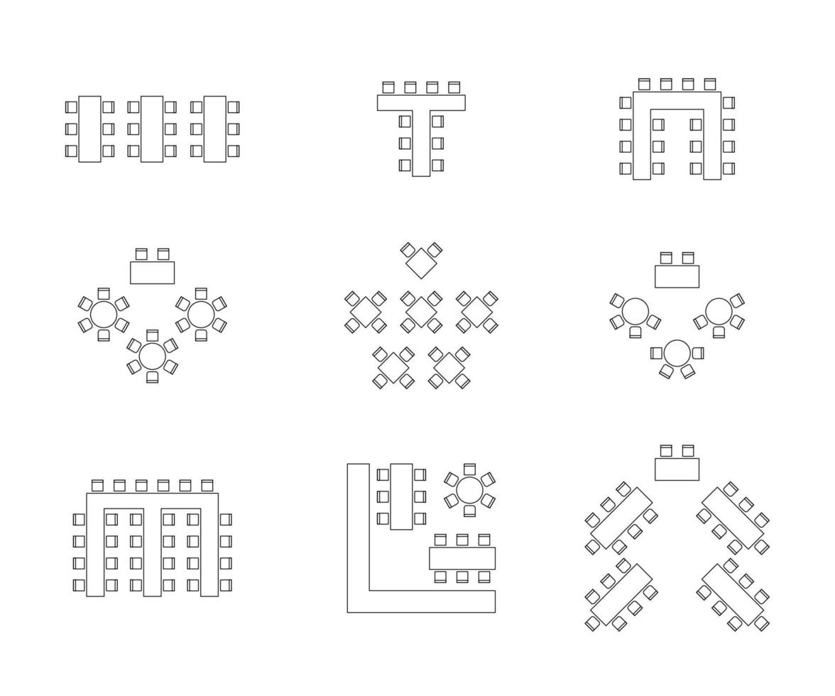 plan para organizar asientos y mesas en interiores en banquetes de eventos, diseño de elementos de esquema gráfico. sillas y mesas letreros en esquema esquema arquitectónico. muebles, vista superior. línea vectorial vector