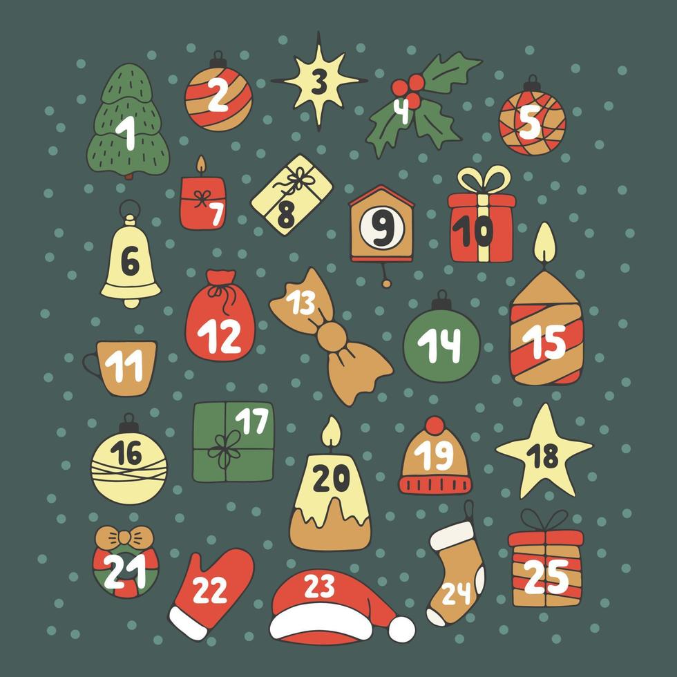 calendario de adviento con elementos navideños, números de cuenta regresiva antes de las vacaciones navideñas. vacaciones de invierno, fechas de diciembre eventos festivos. estilo de garabato dibujado a mano. ilustración vectorial vector