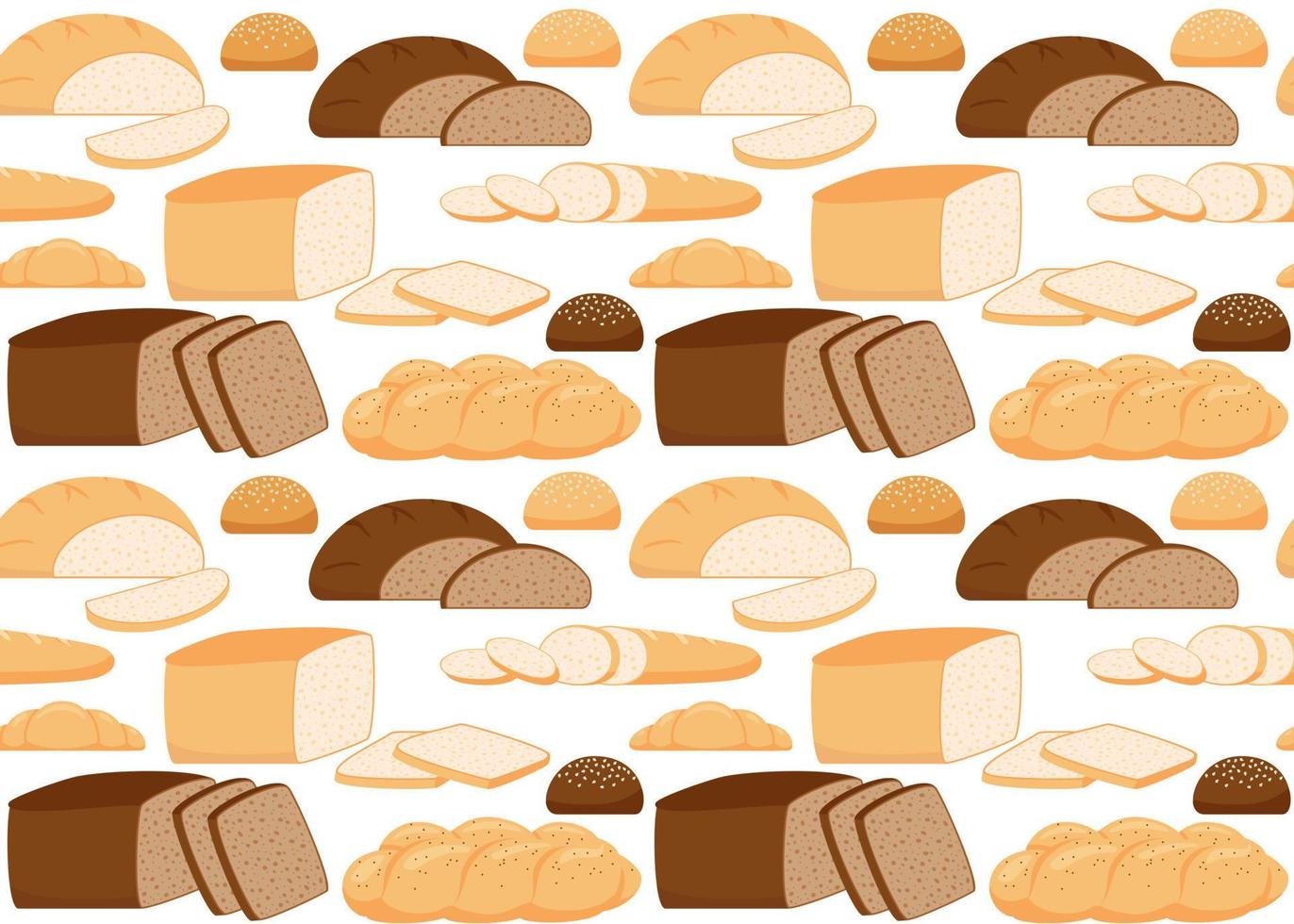 Pattern from pastry bread from wheat, whole grain and rye, bakery food, bun. Seamless background with loaf, bread brick, croissant, toast bread, French baguette, challah. Vector illustration