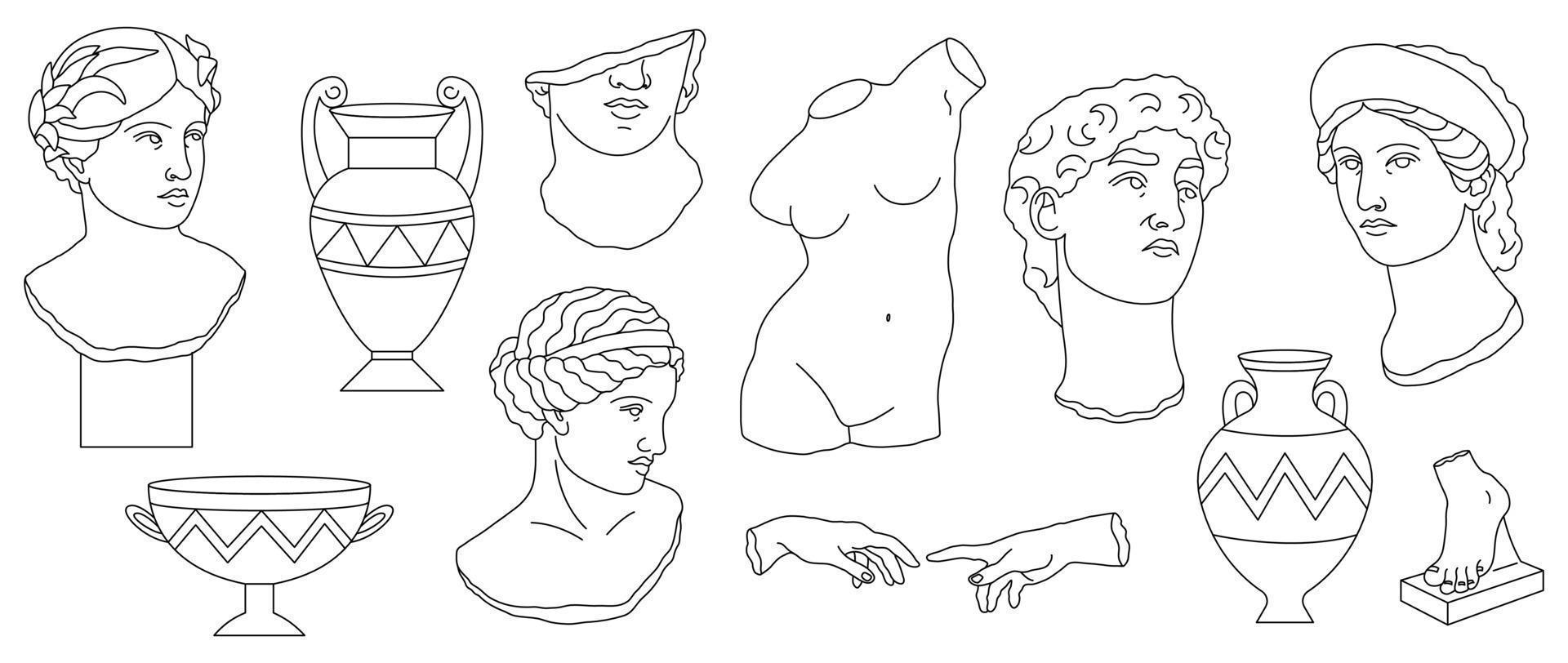 Line art ancient greece sculpture and vases set. Heads of woman, man, hands, foot, vases. vector
