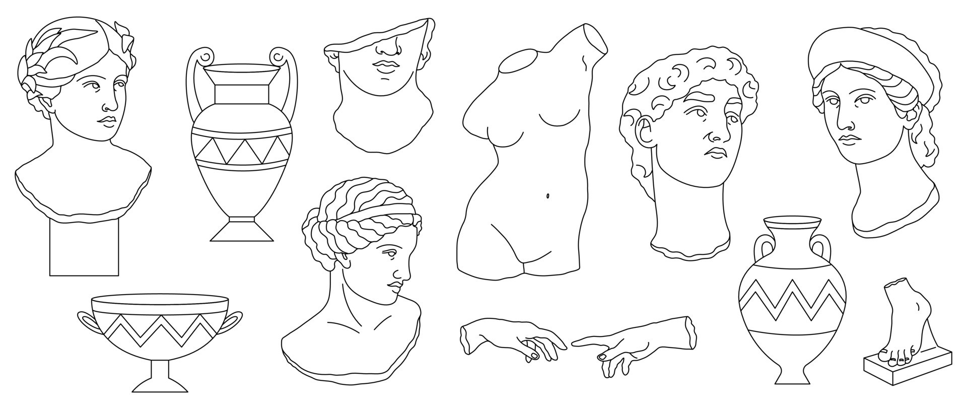 Line art ancient greece sculpture and vases set. Heads of woman, man