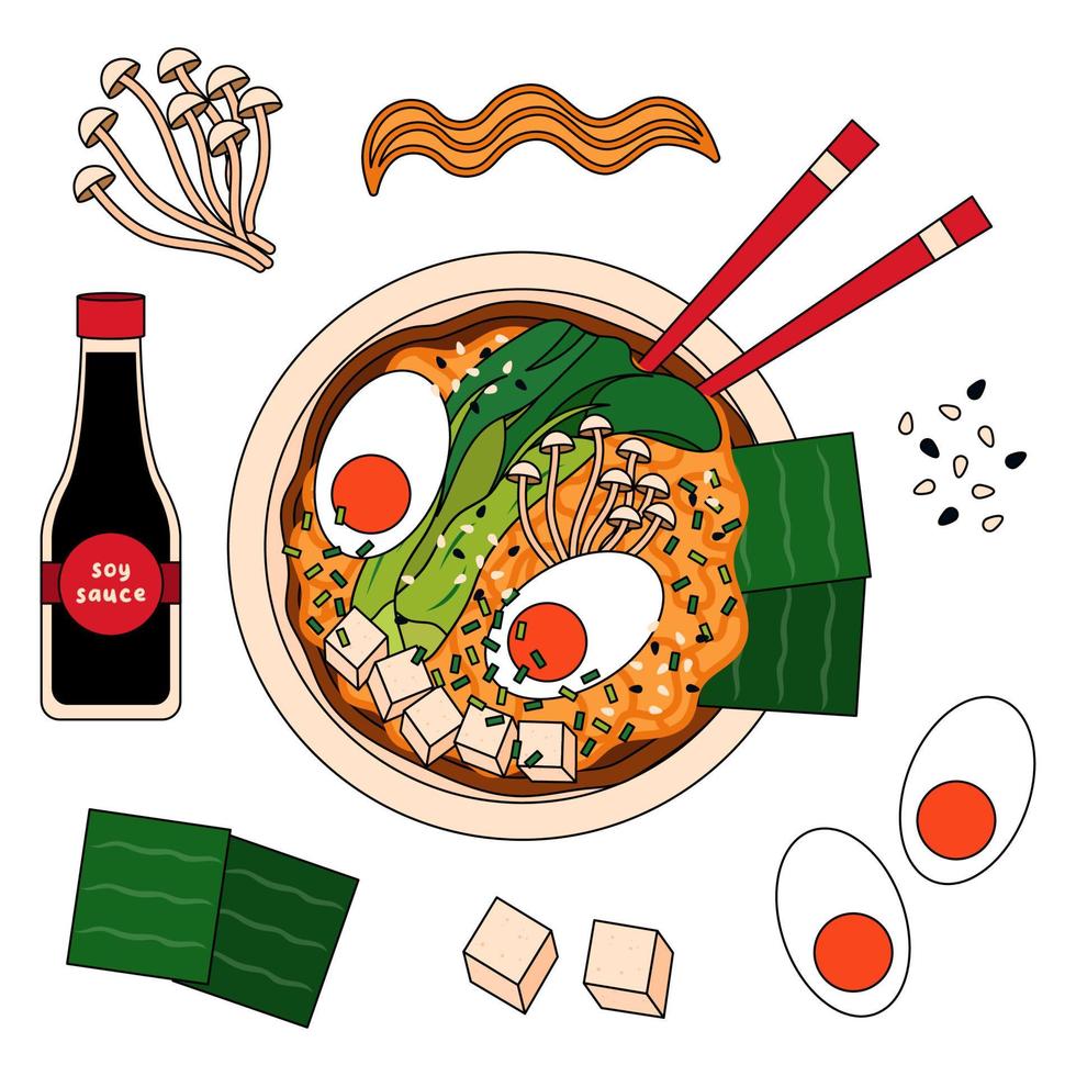 Japanese soup ramen recipe with ingredients - noodles, greens, eggs, tofu, nori sheets, mushrooms and soy sauce. vector