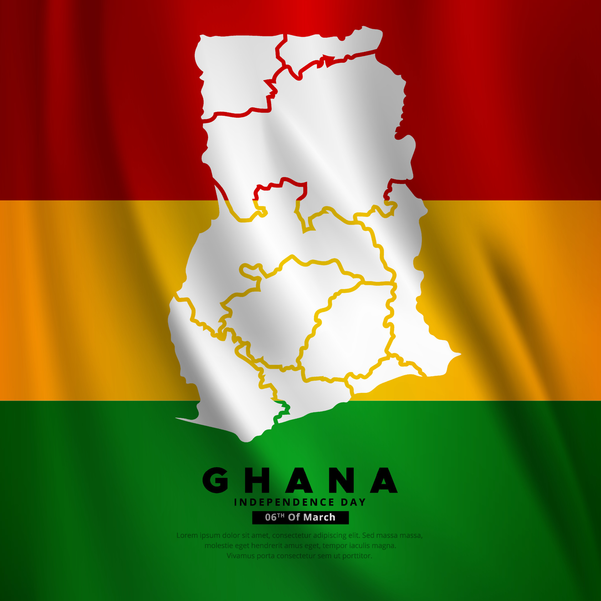 Ghana Independence Day design with wavy flag and ghana maps. Ghana