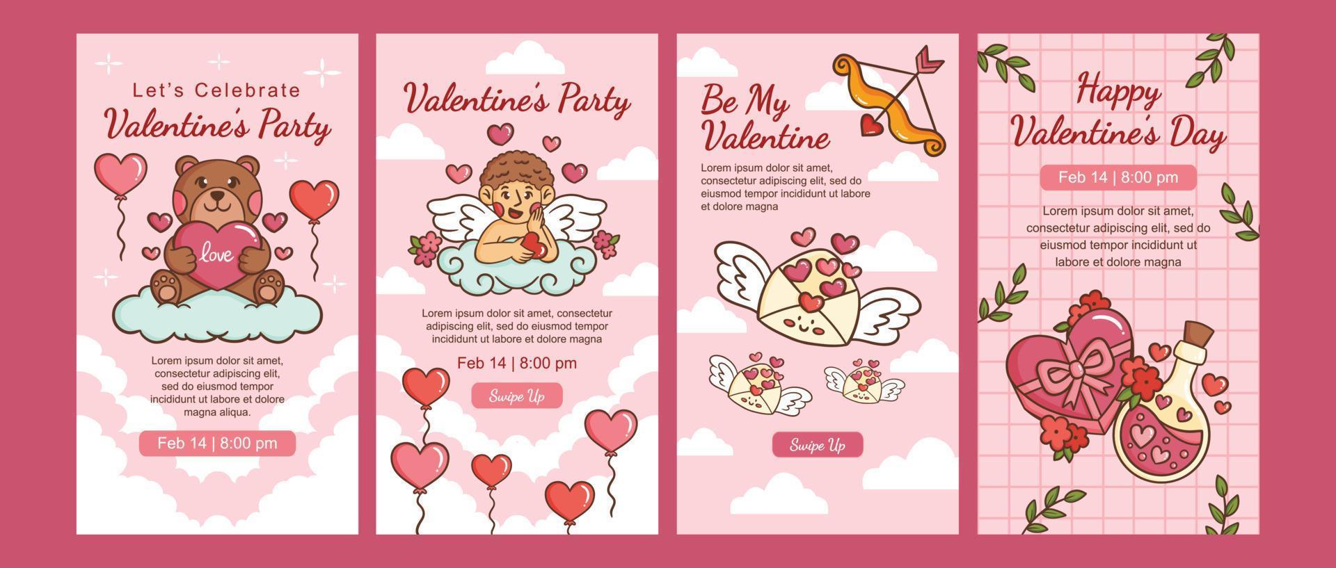 Valentines day party instagram stories social media portrait with hand drawn illustration set include bear, love, cupid, message heart, potion and chocolate cake template design vector