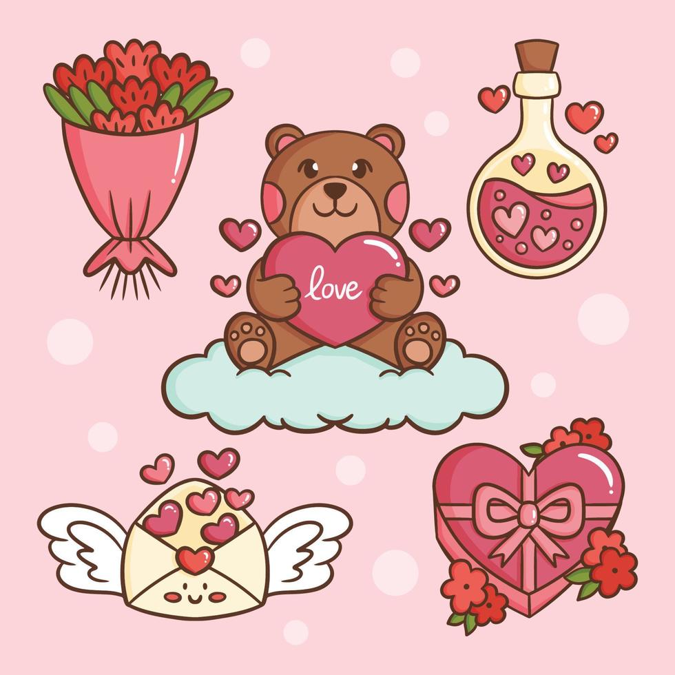 pegatina de elementos de diseño de ilustración dibujada a mano, conjunto de objetos e íconos para la fiesta del día de san valentín el 14 de febrero de osito de peluche lindo, corazón, amor chocolate, carta, flor, pastel, plantilla de diseño de mensajes vector