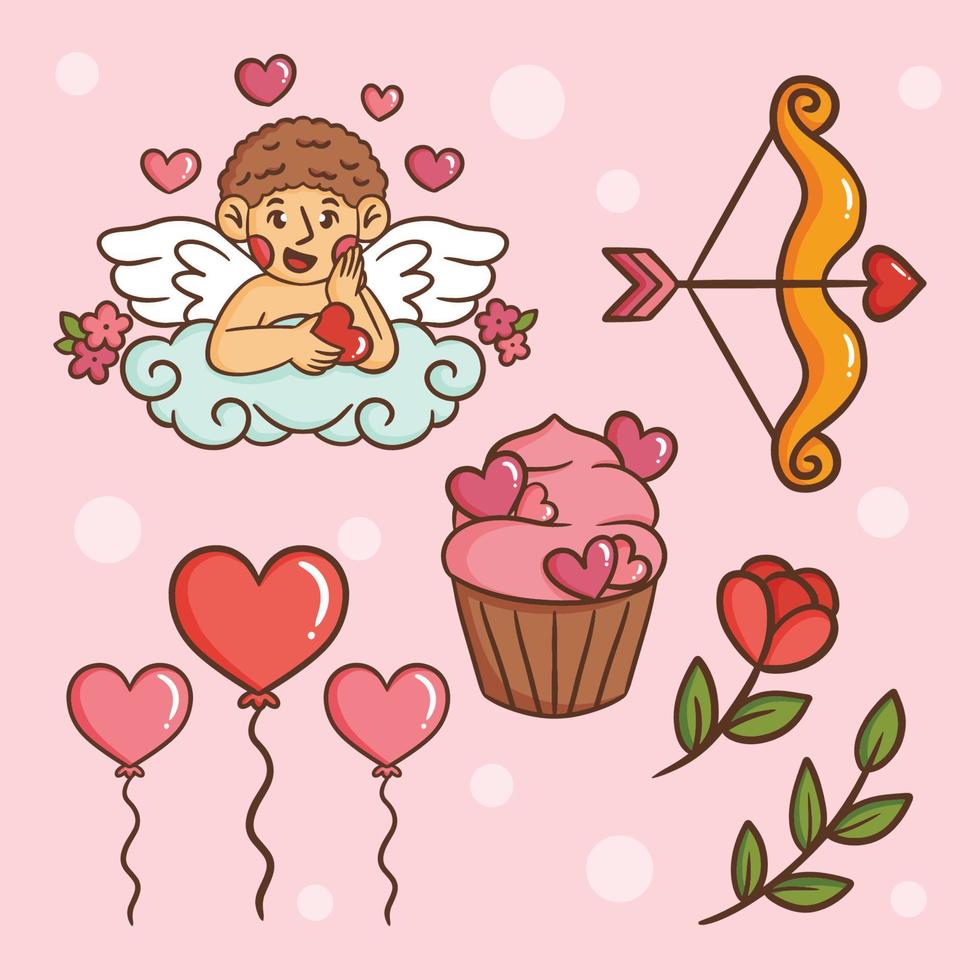 Hand drawn illustration design sticker object icon set valentine's day party 14 february of arrow heart, pink cake, balloon, flower rose, cupid and love package vector