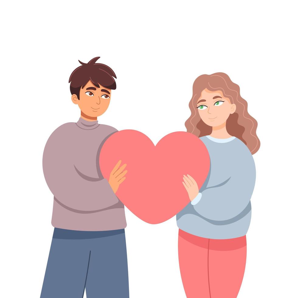 chico y chica enamorados con un gran corazón rosa. ilustración de vector de día de san valentín