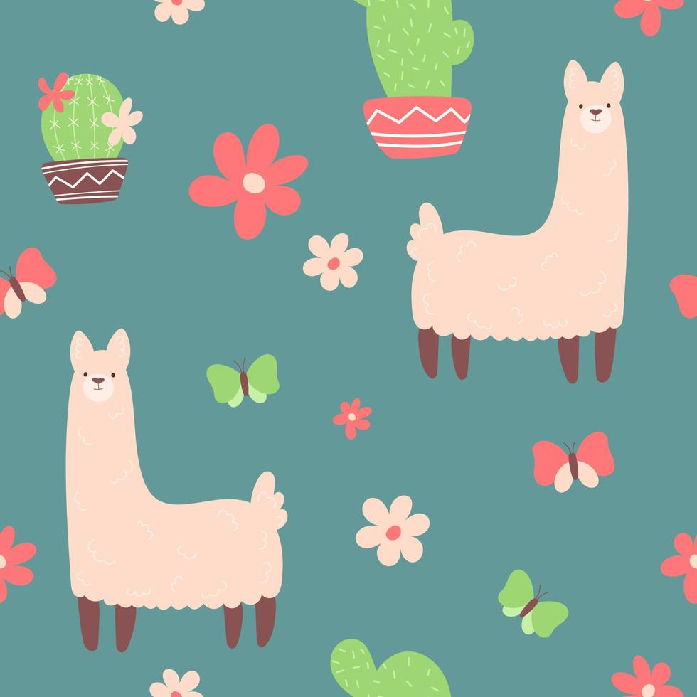 Textile fabric seamless pattern with illustrations of cute llamas, butterflies and cacti vector