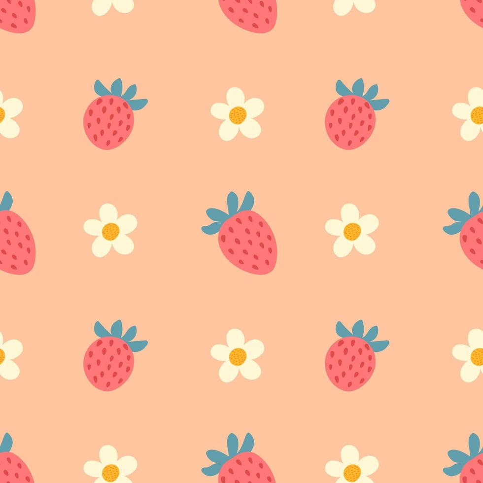 Cute strawberries and flowers hand drawn seamless pattern background vector