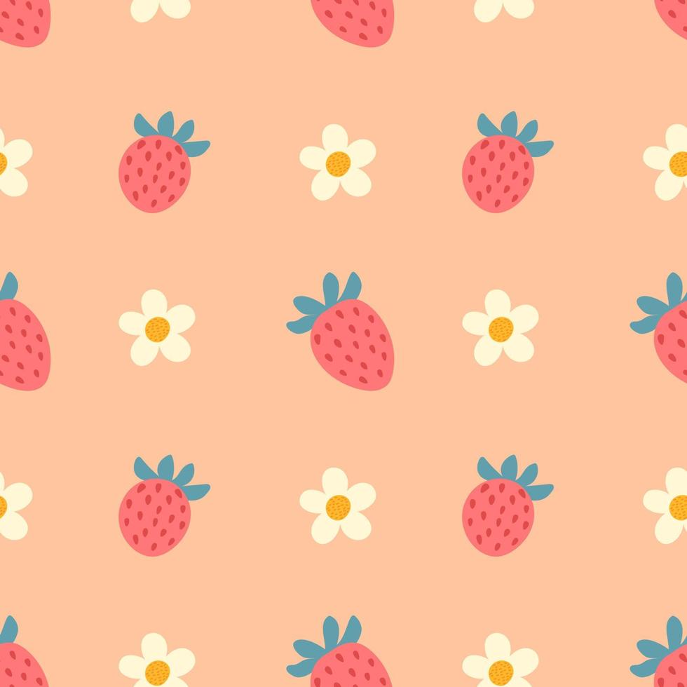 lindo, fresas, y, flores, mano, dibujado, seamless, patrón, plano de fondo vector