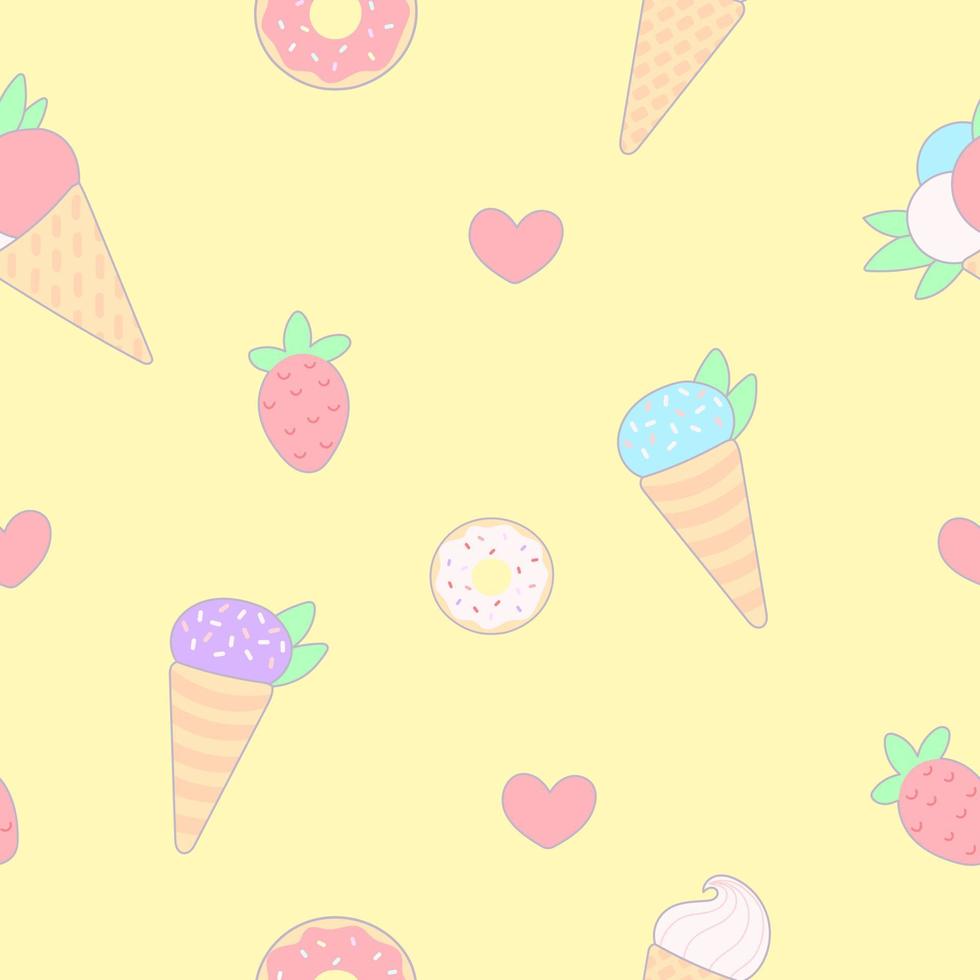 Cute vector seamless pattern with different ice creams, hearts, doughnuts and strawberries on a yellow background