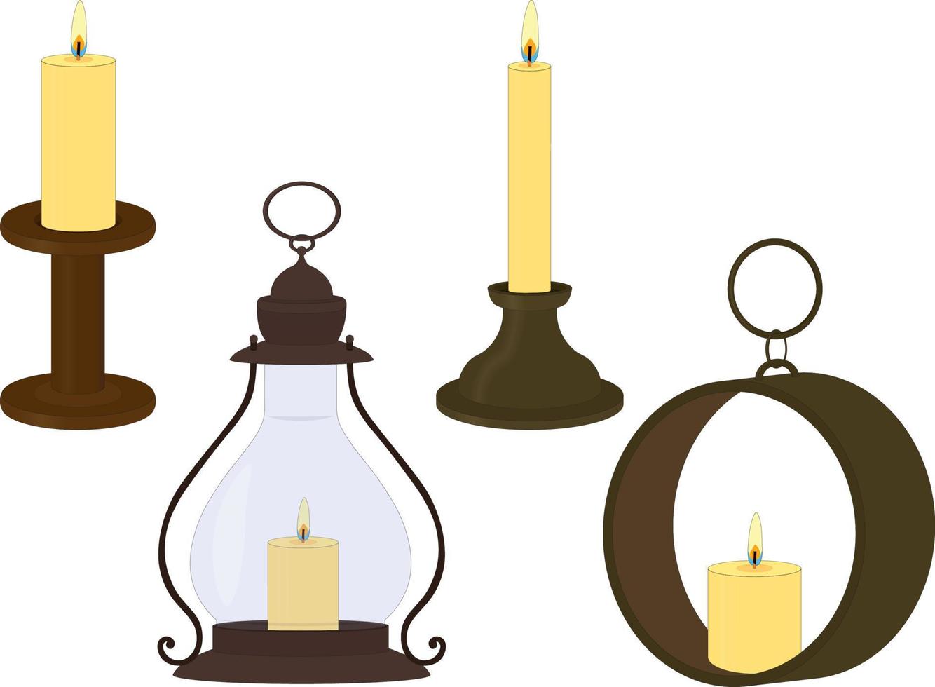 Wax candles on old vintage candlesticks and in lamps vector illustration