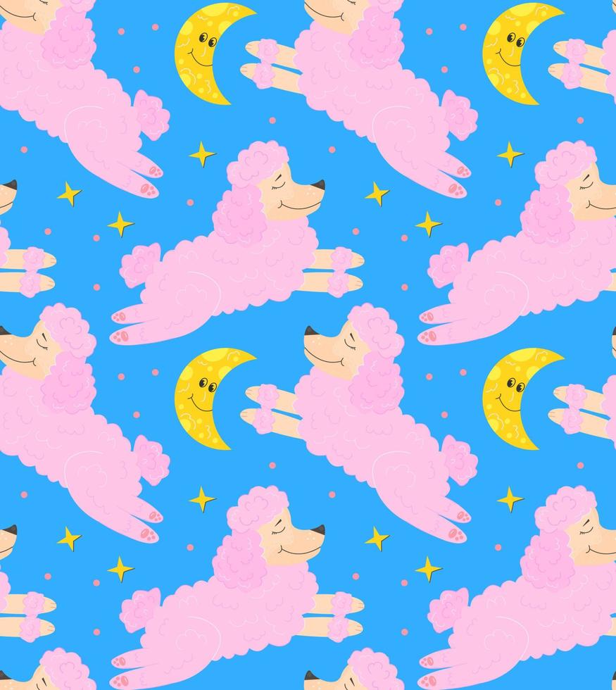 Pattern sleeping pink poodle and moon and stars on blue background vector