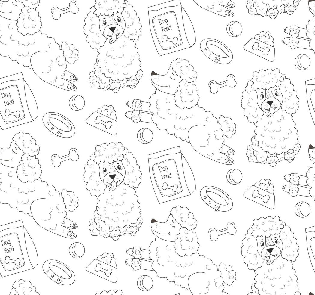 Line Pattern  poodle  and toys for dogs on white background vector