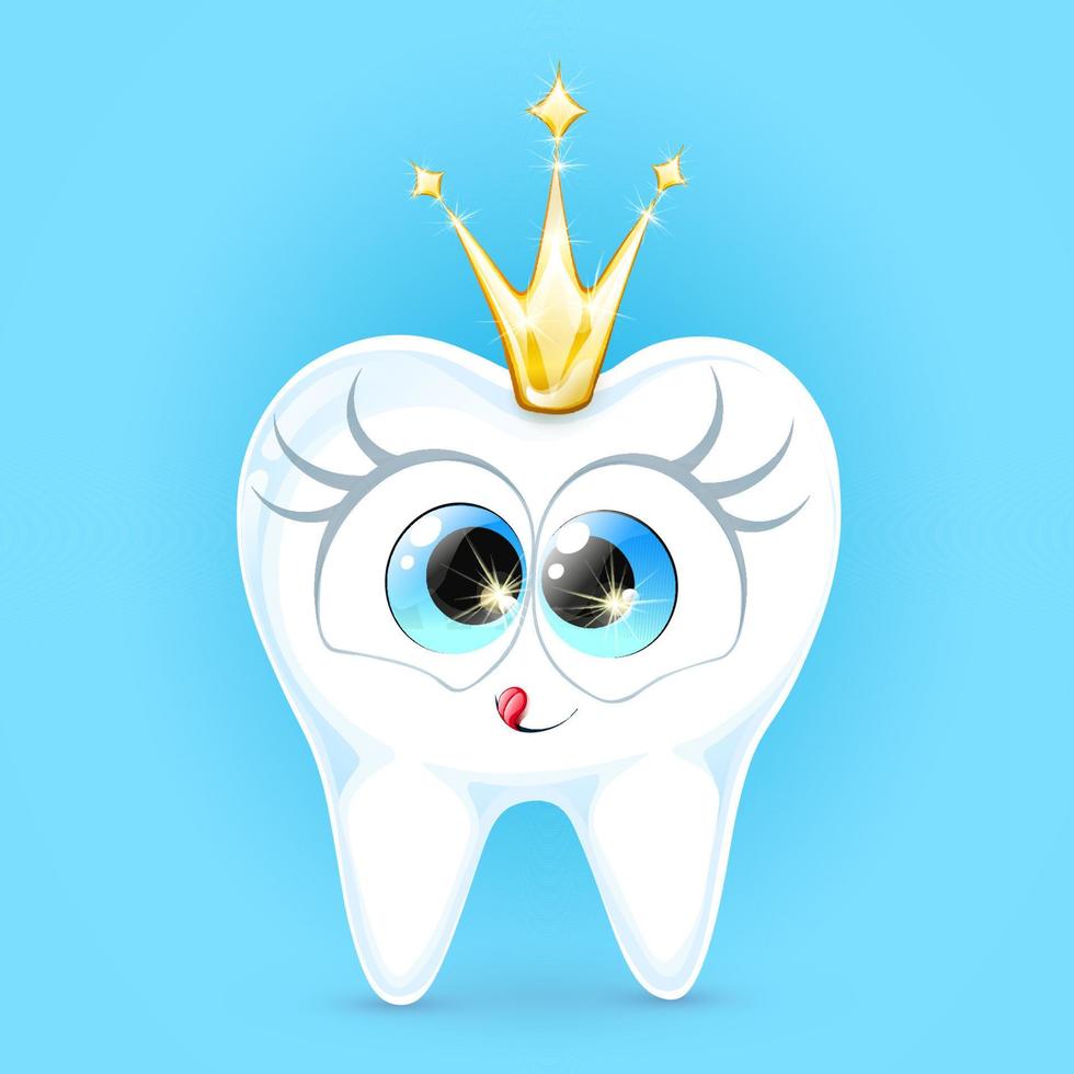 Cute cartoon tooth princess character with shiny crown, Oral dental hygiene and whitening concept. vector