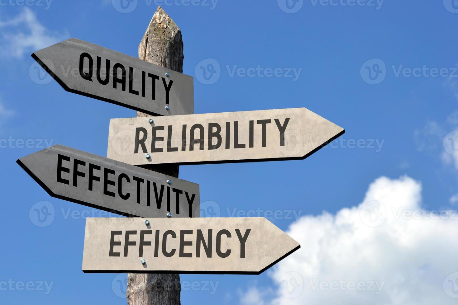 Quality, Relability, Effectivity, Efficiency - Wooden Signpost photo