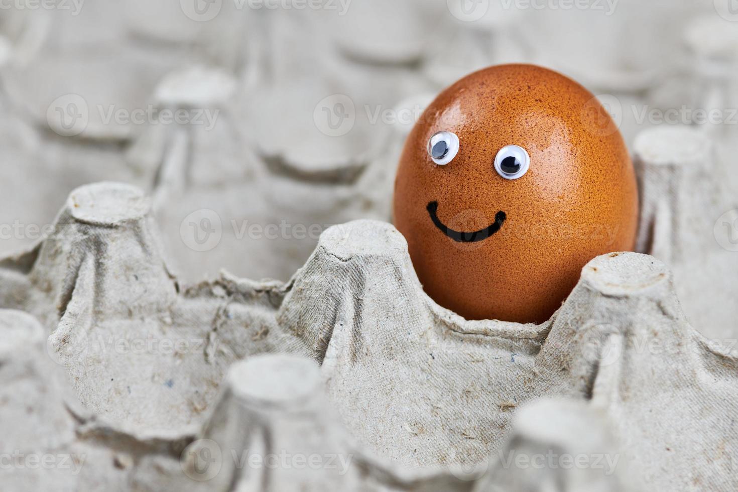 divertida cara de huevo de gallina de Pascua en bandeja de huevos de papel foto