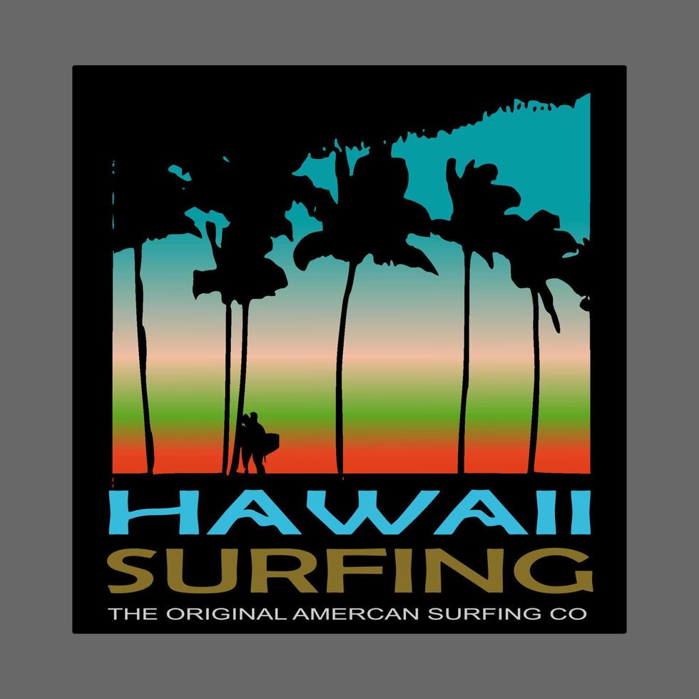 ilustración vectorial sobre el tema del surf y el surf en hawaii. diseño de época tipografía, gráficos de camisetas, afiche, pancarta, volante, impresión, postal vector