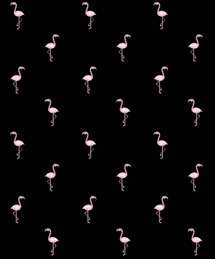 Vector seamless pattern of pink glitter flamingo silhouette isolated on black background