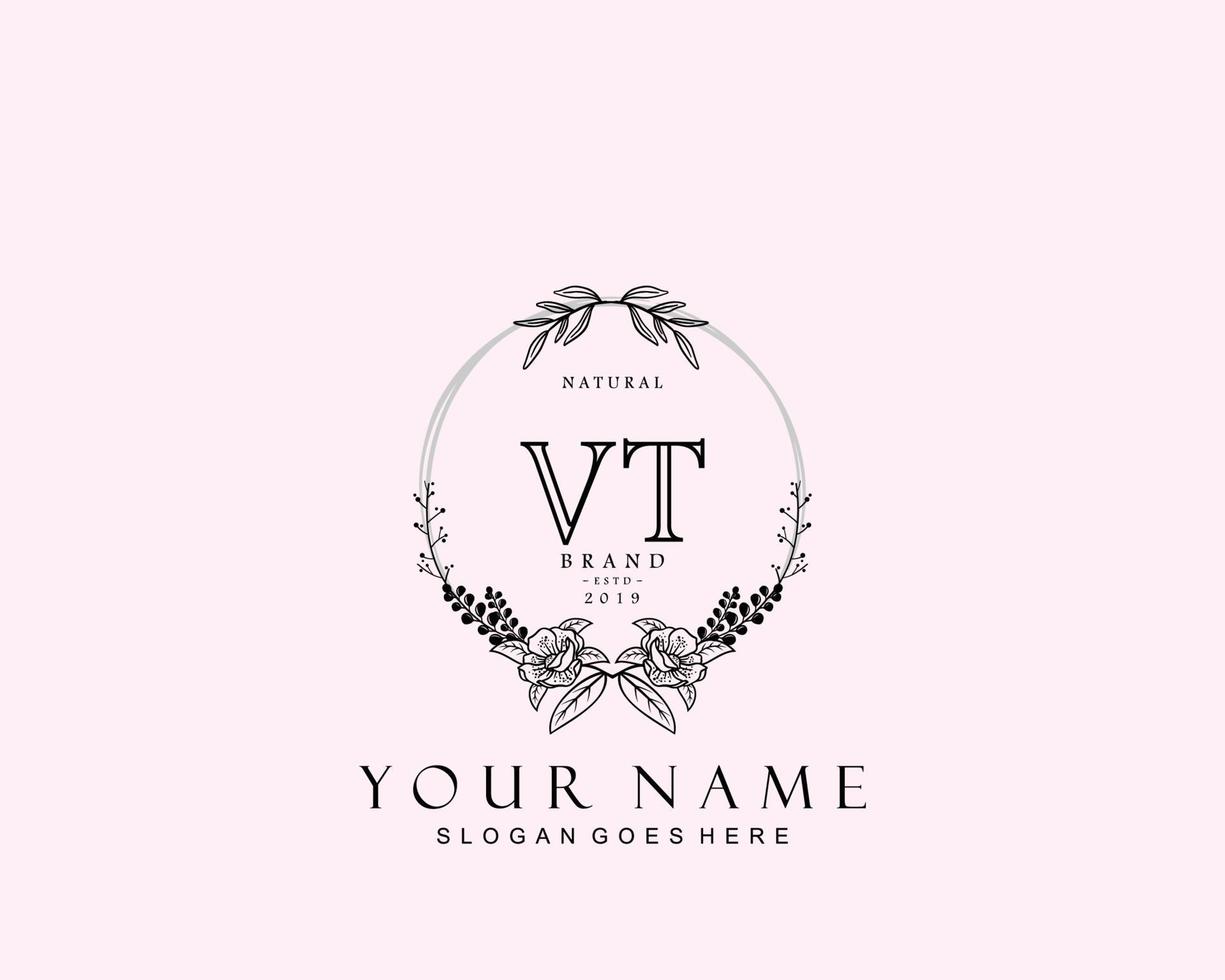 Initial VT beauty monogram and elegant logo design, handwriting logo of initial signature, wedding, fashion, floral and botanical with creative template. vector