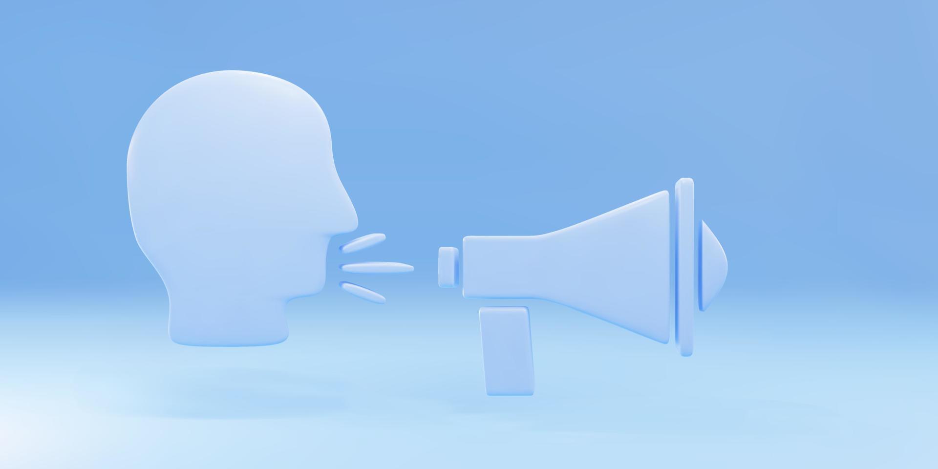 3d Blue Man megaphone shouting icon isolated on blue background. Vector illustration.