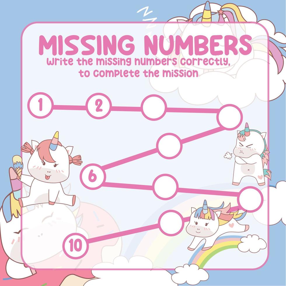 Missing numbers with Unicorn. Write the answer correctly. Educational printable math worksheet. Counting practice. Vector file.