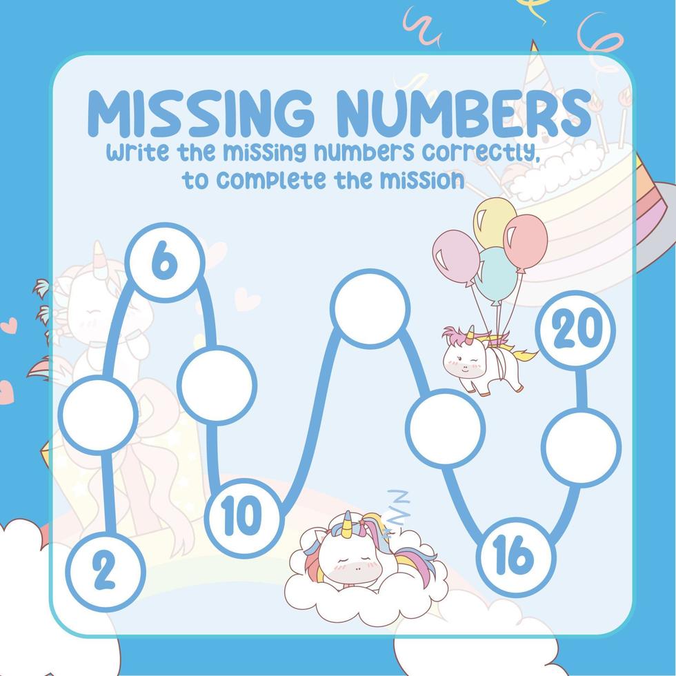 Missing numbers with Unicorn. Write the answer correctly. Educational printable math worksheet. Counting practice. Vector file.