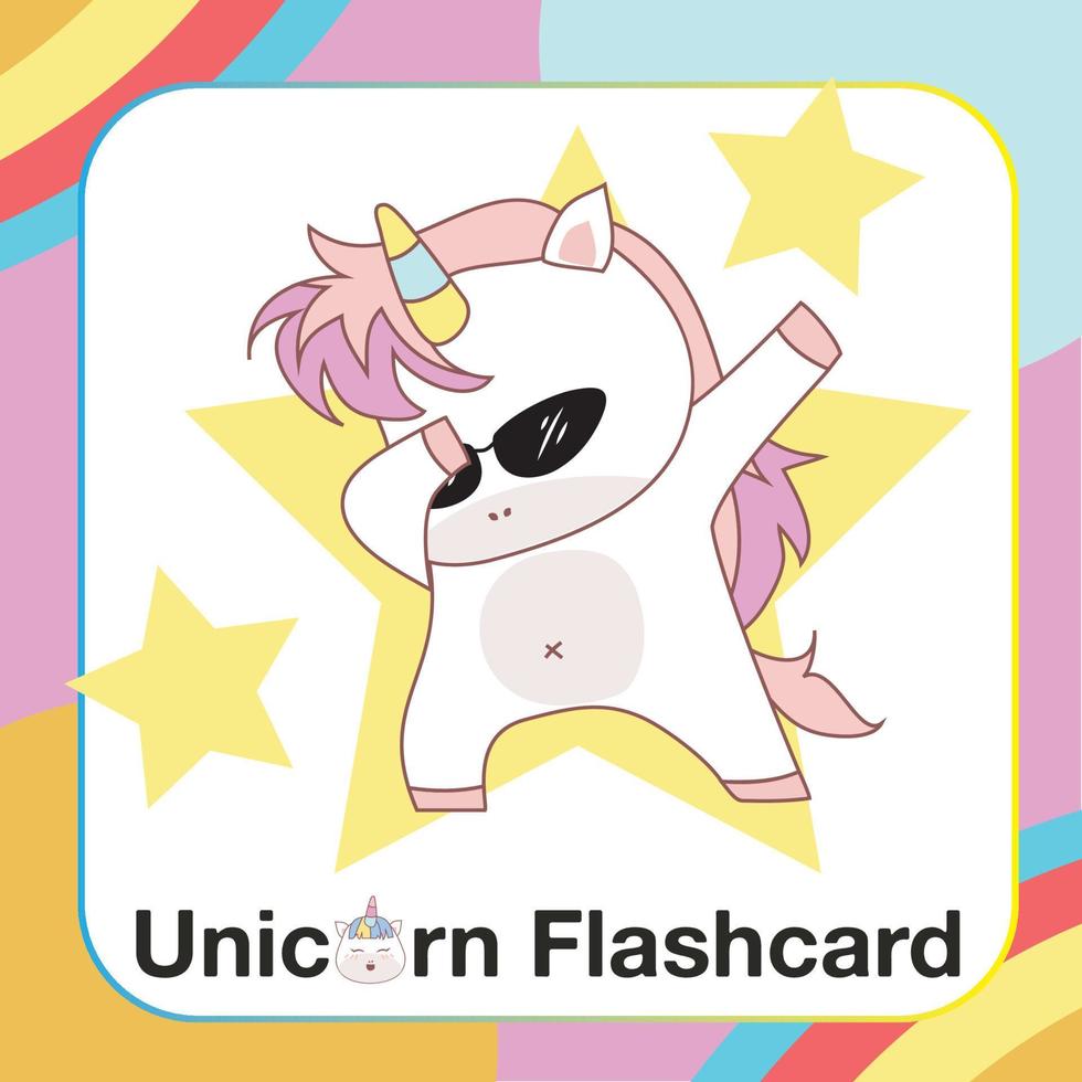 Cute Unicorn Flashcard for Children. Ready to print. Printable game card. Educational card for preschool. Vector illustration.